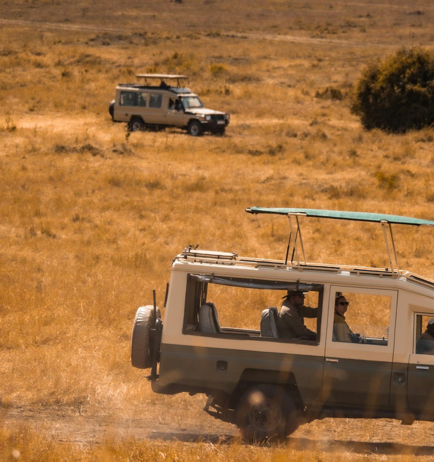 Safari vehicles on a game drive in the Serengeti