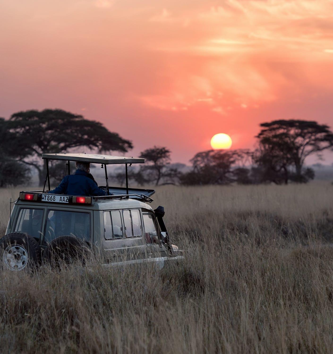 A safari vehicle at sunset in the Serengeti